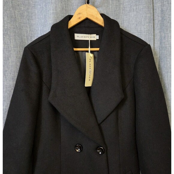 Plaerpener Long Double Breasted Coat Women’s 12 Black Wool Blend - Picture 2 of 13